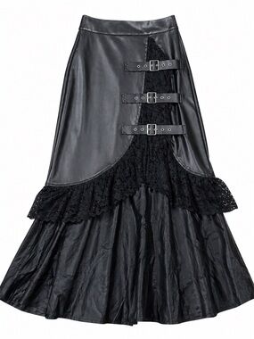 Tov Black Gothic Faux Leather/Lace Maxi Skirt w/Buckle Size 38 NWOT